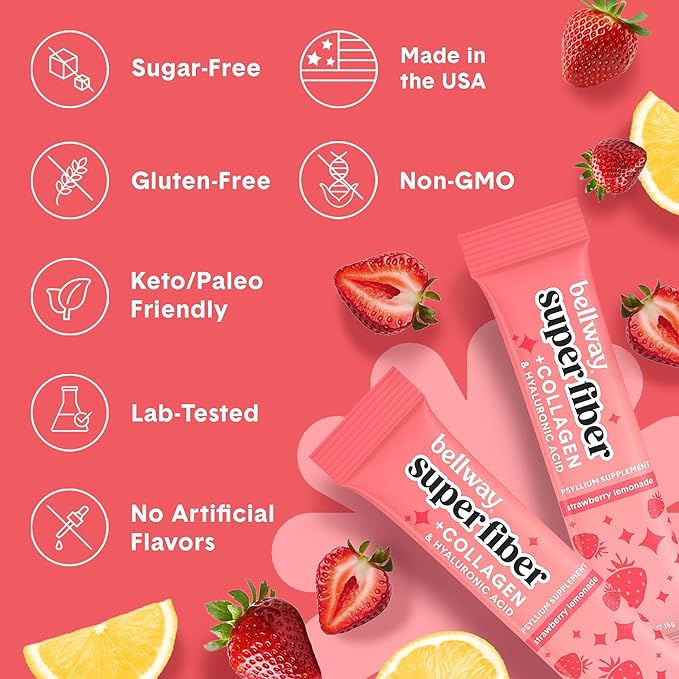 Bellway Super Fiber Packets + Collagen Sugar-Free Psyllium Husk Powder with Collagen Peptides &amp Hyaluronic Acid for Gut Health Healthy Skin Nails Bones &amp Joints Strawberry Lemonade (10 Pa