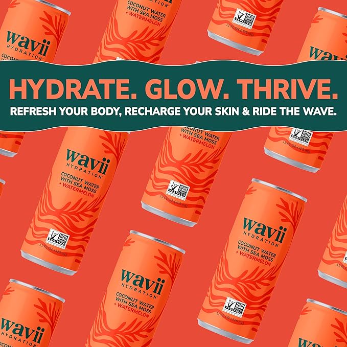 Wavii Hydration Organic Coconut Water with Organic Sea Moss plus Watermelon 11 fl oz Cans Pack of 12 – Clean Refreshing Hydration with Naturally Occurring Electrolytes No Added Sugar Non-GMO