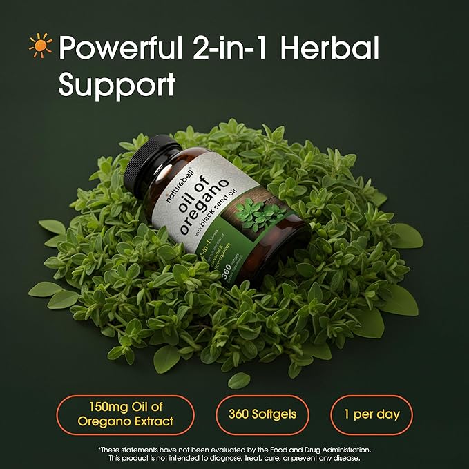 NatureBell Oil of Oregano with Black Seed Oil - 360 Softgels - 2-in-1 Herbal Complex for Immune Health* - Includes Carvacrol Thymoquinone &amp Extra Virgin Olive Oil - Non-GMO