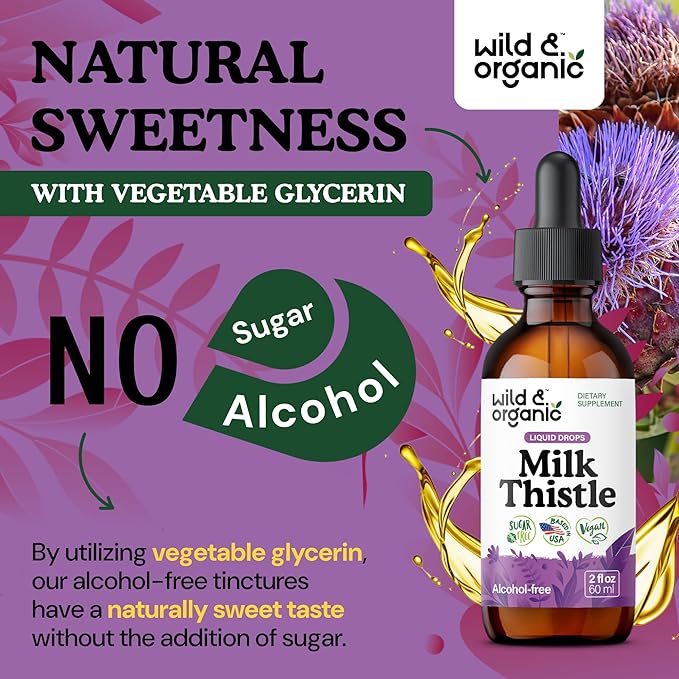 Wild &amp Organic Milk Thistle Extract Drops - Liver Cleanse Support - Milk Thistle Liver Detox Tincture - Liquid Silymarin Supplement - Silybum Marianum Seeds - Vegan Sugar &amp Alcohol-Free - 2 f