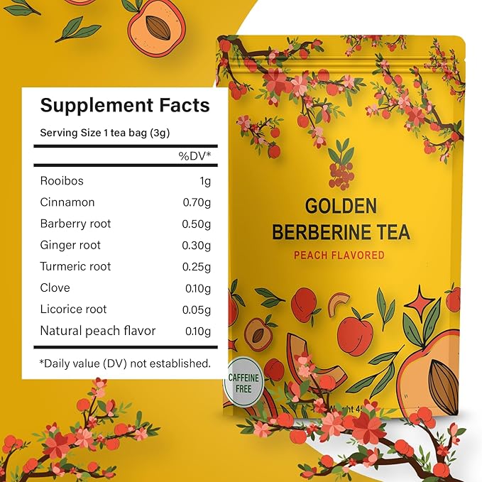 Berberine Tea 45g Natural Organic Caffeine-Free Blend Non-GMO Herbal in Plastic-Free Stand Alone Pouch Delicious Antioxidant for Immune Support (Peach)