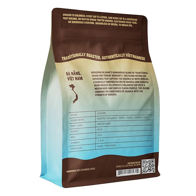Cafely DaNang - Robusta x Arabica Ground Vietnamese Coffee – Dark Roast Low Acid Fresh Roasted Single Origin Direct Trade High Antioxidants Rich Notes with Hazelnut Maple Syrup Citrus Zest 12
