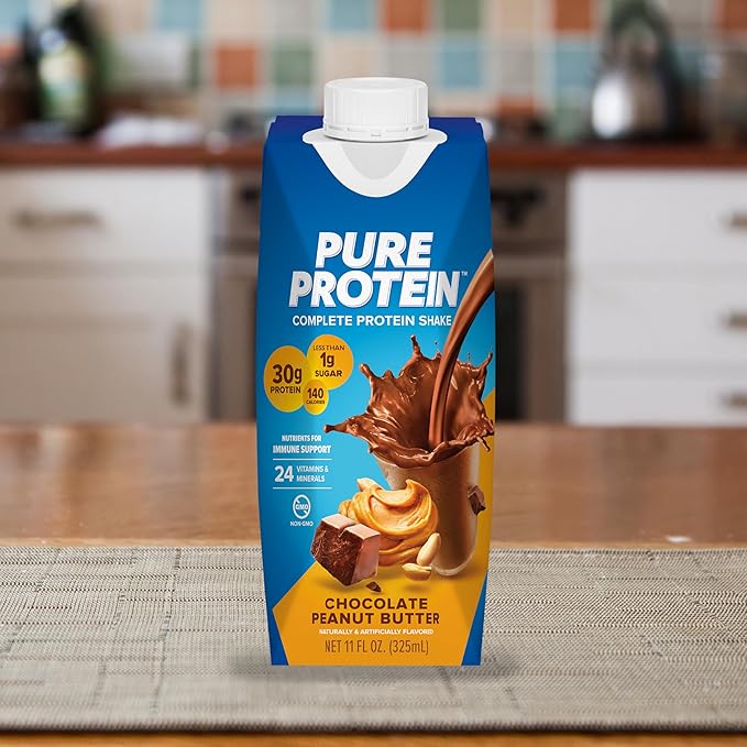 Pure Protein Complete Protein Shake Chocolate Peanut Butter 30g High Protein Drink Less than 1g Sugar 3g Fiber Ready to Drink Non GMO On-the-Go Shakes 11oz Bottles 12 Pack
