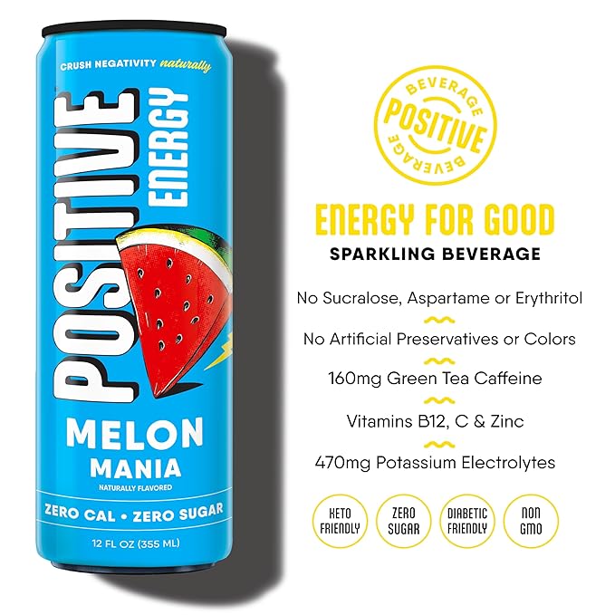 Positive Energy Drink - Variety Pack | Zero Sugar Zero Calorie 12oz Cans (Pack of 12) | Hydrating Electrolytes Immunity Support with Zinc Healthy Energy Boost