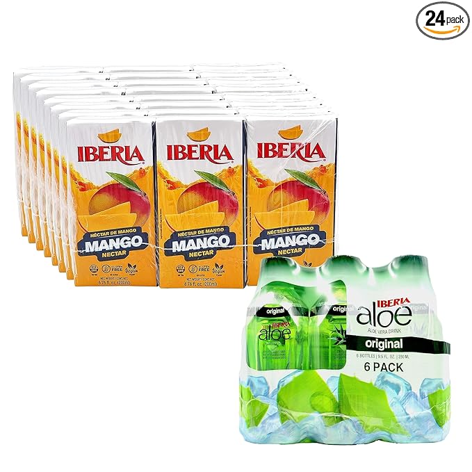 Iberia Mango Nectar 6.8 fl oz (Pack of 24) + Iberia Aloe Vera Drink with Pulp 9.5 fl oz Original (Pack of 6)