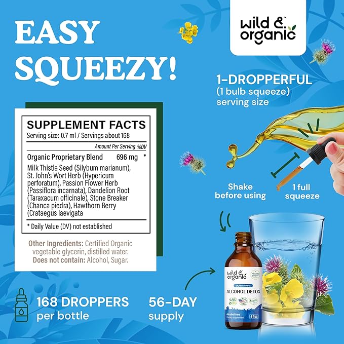 Wild &amp Organic Alcohol Detox Drops - Liver &amp Kidney Cleanse with Milk Thistle Chanca Piedra Stone Breaker - Anti Alcohol Complex for Liver Cleanse Detox - Vegan No Sugar &amp Additives - 4