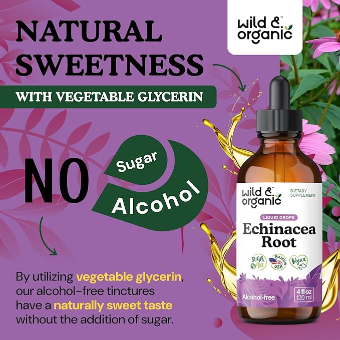 Wild &amp Organic Echinacea Drops - Immune Support Supplement with Echinacea Angustifolia - Liquid Root Extract Tincture - Vegan Sugar &amp Alcohol-Free - 4 fl oz