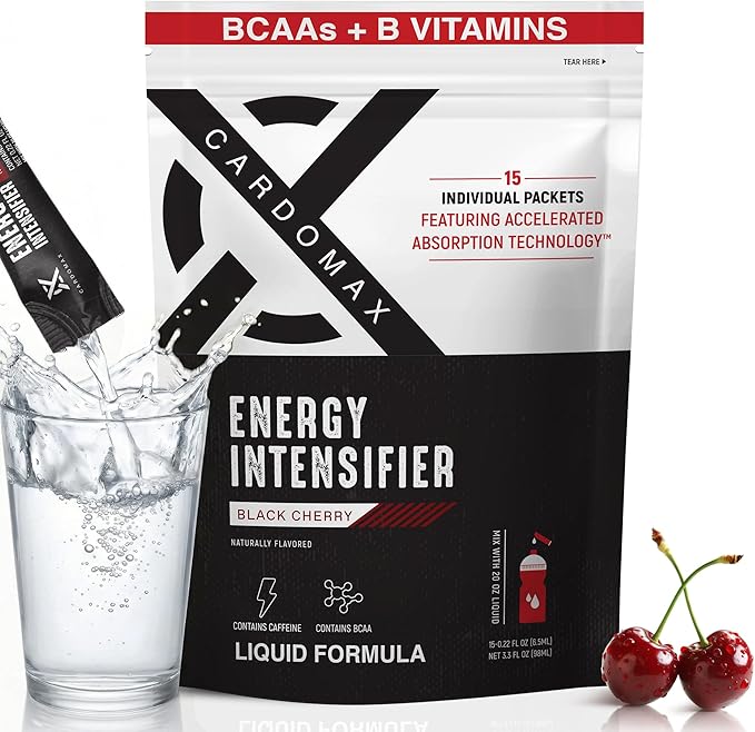CardoMax - Energy Drink Packets - Liquid Preworkout for Men &amp Women Caffeine Packets with BCAA Vitamin B12 Vitamin B6 &amp B3 - Sugar-Free Zero Calorie Vegan &amp Keto - 15 Stick Packs - Bla