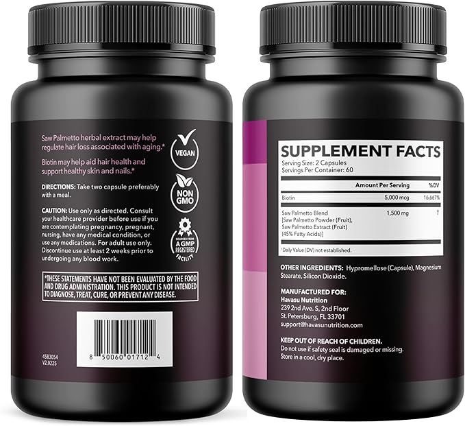 Saw Palmetto for Women with Biotin 5000mcg - Powerful DHT Blocker to Support Hair Skin and Nail Health - 120 Count - Vegan Non-GMO Vitamin for Stronger Fuller Looking Locks - 2 Month Supply