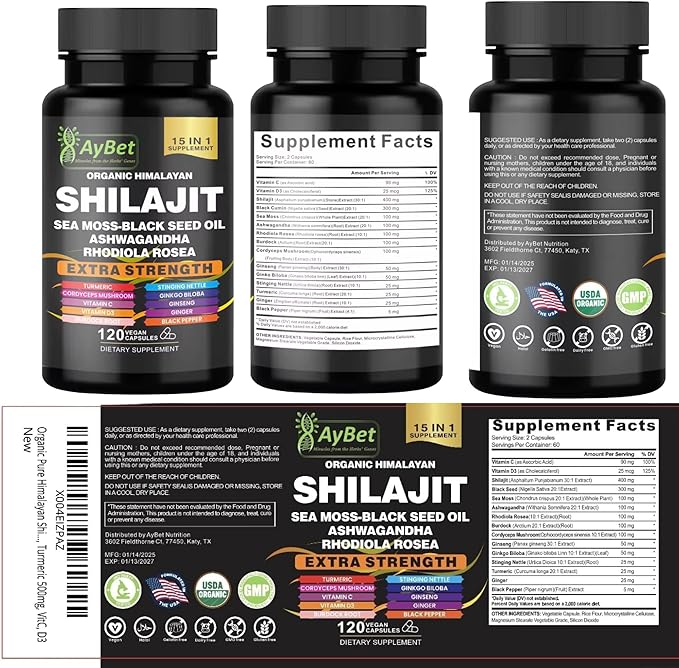 Shilajit for Men and Women-Organic Himalayan Shilajit Capsules with Sea Moss Black Seed Oil Ashwagandha Rhodiola Rosea Burdock Cordyceps Mushroom Ginseng Turmeric Ginger 120 Capsules