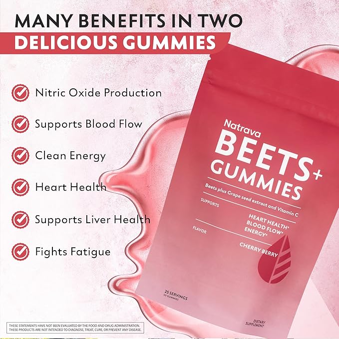 Beets+ Gummies - Premium Beet Root Powder Grape Seed Extract and Vitamin C - Supports Healthy Blood Pressure and Heart Health - Low Sugar Nitric Oxide and Circulation Supplement - 50 Gummies