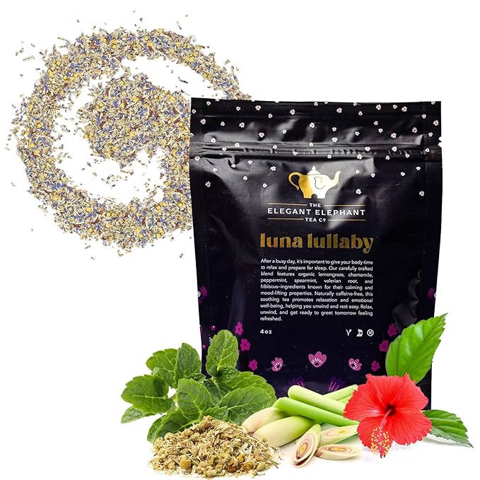 Luna Lullaby Sleep Tea Organic Loose Leaf Herbal Tea – Calming Relaxing Bedtime Tea – Chamomile Valerian Root Peppermint – 4 oz Resealable Bag (Makes 50 Cups) – The Elegant Elephant