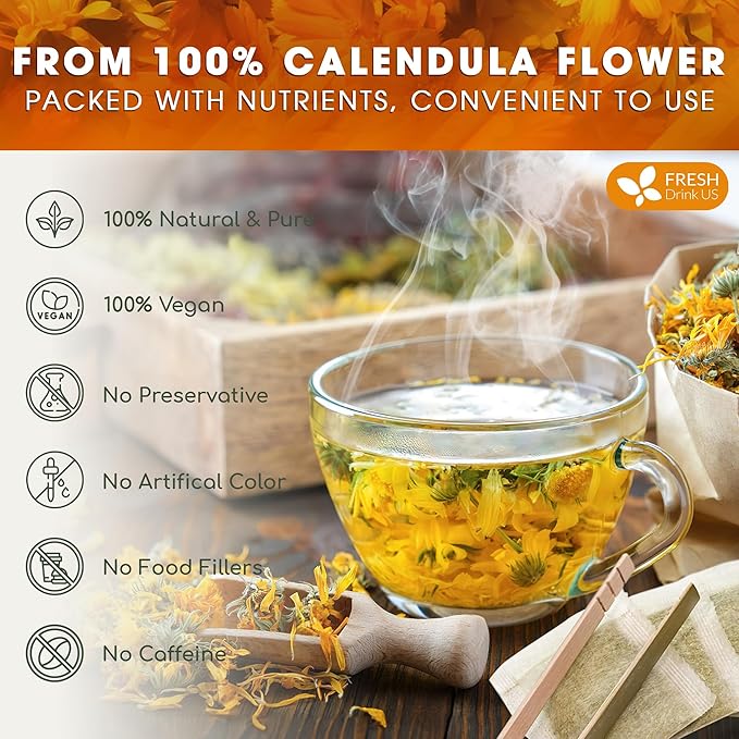 FreshDrinkUS Premium 135 Calendula Tea Bags 100% Natural and Pure Calendula Flowers Eco-conscious Tea Bags. Herbal Tea. No Sugar No Caffeine No Gluten Vegan.