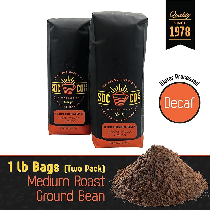 San Diego Coffee DECAF Cinnamon Hazelnut Medium Roast Ground Coffee 16-Ounce Bags (Pack of 2) Café descafeinado molido tostado