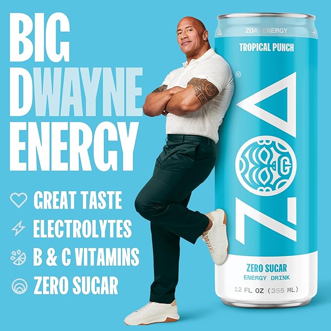 ZOA Zero Sugar Energy Drinks Tropical Punch - Sugar Free with Electrolytes Healthy Vitamin C Amino Acids Essential B-Vitamins and Caffeine from Green Tea - 16 Fl Oz (12-Pack)