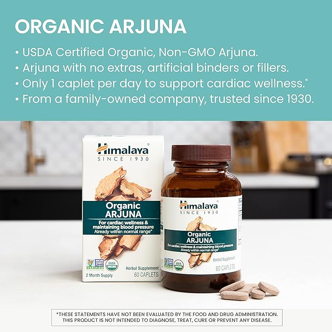 Himalaya Organic Arjuna 60 Day Supply - Herbal Supplement Supporting Heart Health and Normal Blood Pressure - USDA Organic Vegan Non-GMO Gluten Free 700 mg 60 Caplets