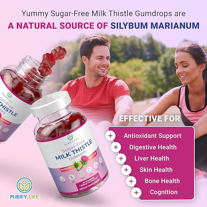 Sugar-Free Milk Thistle Gummies for Liver Cleanse Detox &amp Repair (Natural Blueberry-Raz Flavor) Cardo Mariano Cleansing Milk Thistle Supplement Antioxidant Support Vegan Replaces Pills &amp C
