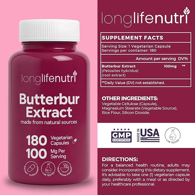 LongLifeNutri Butterbur Extract 100mg - Petasites Hybridus Root Extract 180 Vegetarian Capsules 6 Month Supply Organic Supplement for Head Comfort &amp Neural Calm GMP Certified Made in USA