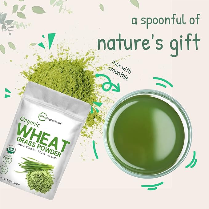Sustainably US Grown Organic Wheat Grass Powder (100% Whole-Leaf) 16 Ounce  Rich in Immune Vitamins Fibers and Minerals Support Digestion Function Vegan Friendly