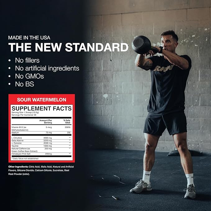 RAW Essential Pre-Workout Powder (Sour Watermelon) - Chris Bumstead Sports Nutrition Supplement for Men &amp Women - Preworkout Energy Powder with Caffeine L-Citrulline &amp Beta Alanine Blend - 2-