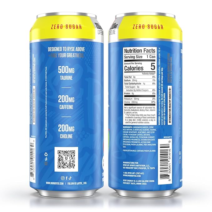 RYSE Fuel Energy Drink - Kool-Aid Tropical Punch - Sugar Free Gluten Free &amp Vegan - 200mg Natural Caffeine Taurine &amp Choline for Focus &amp Energy - No Artificial Colors - 16 fl oz Cans (12