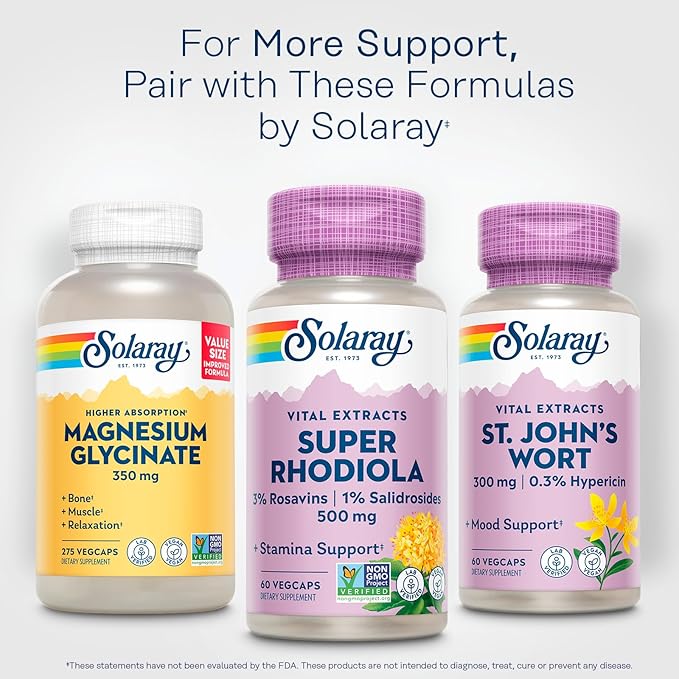 Solaray Super Rhodiola 500mg - Rhodiola Rosea Root Extract Supplement Adaptogenic Herb Support for Focus Stress and Energy Vegan Pills Non-GMO - 60 Vegetarian Capsules