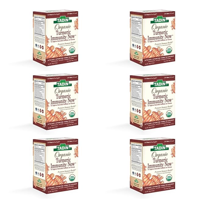 Tadin Organic Turmeric Immunity Now Caffeine Free Herbal Tea for Immunity Support 20 Tea Bags Per Box Pack of 6