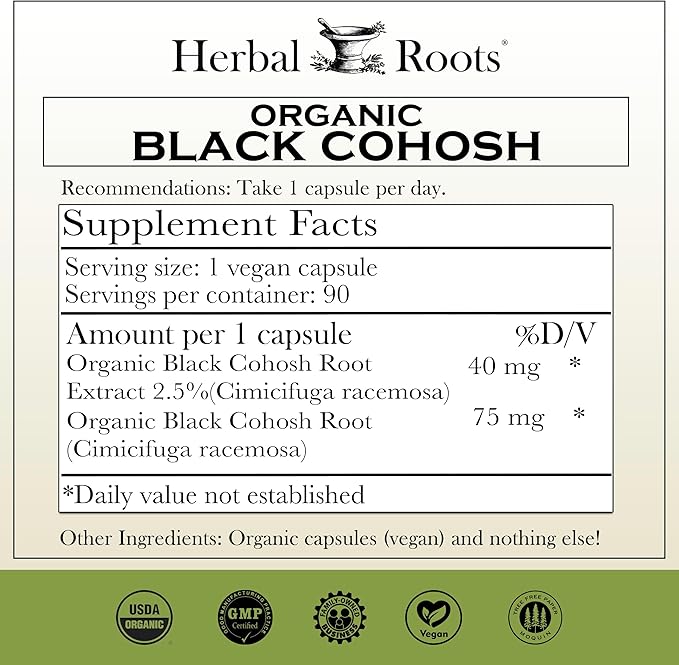 Herbal Roots Organic Black Cohosh Root | Extra Strength | Menopause and Menstrual Support for Women | 90 Capsules Vegan