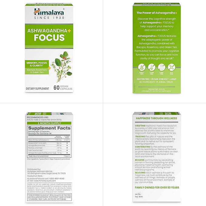 Himalaya Ashwagandha+ Focus - Herbal Focus Supplement with B12 Rosemary Green Tea and Bacopa Nootropics for Memory and Clarity - Vegan Non-GMO Gluten Free 1690 mg 60 Caplets