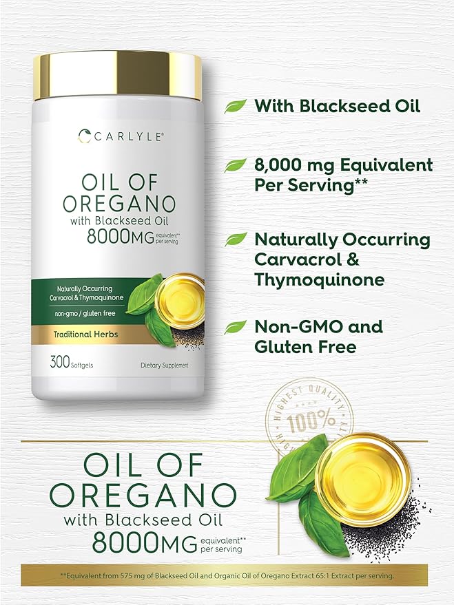 Carlyle Oil of Oregano with Black Seed Oil | 300 Softgel Capsules | Naturally Occurring Carvacrol &amp Thymoquinone Pills | Non-GMO Gluten Free Supplement
