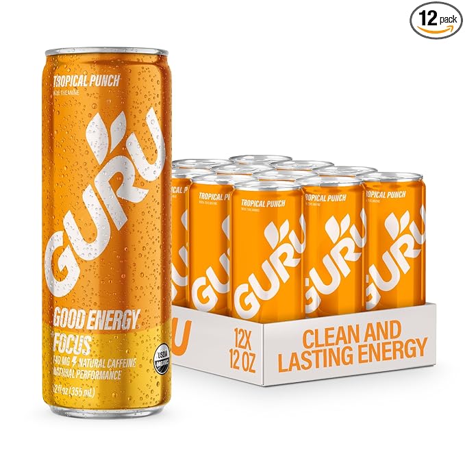 GURU Tropical Punch Organic Energy Drinks Clean Energy Drink with Plant Based Natural Caffeine from Green Tea + Focus with L Theanine Gluten Free 140MG Caffeine Healthy Drinks 12oz (Pack of 12)
