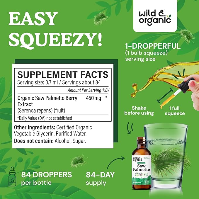 Wild &amp Organic Saw Palmetto for Men &amp Women - Urinary &amp Hair Support - Liquid Saw Palmetto Extract - Add to Tea Drops - Serenoa Repens Supplement - Vegan Sugar &amp Alcohol-Free Tincture