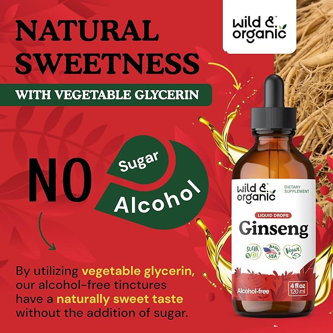 Wild &amp Organic Korean Panax Ginseng Extract Liquid - Red Ginseng Root Supplement for Overall Well-Being - Immune Support Drops - Vegan Sugar &amp Alcohol-Free Tincture - 4 fl oz
