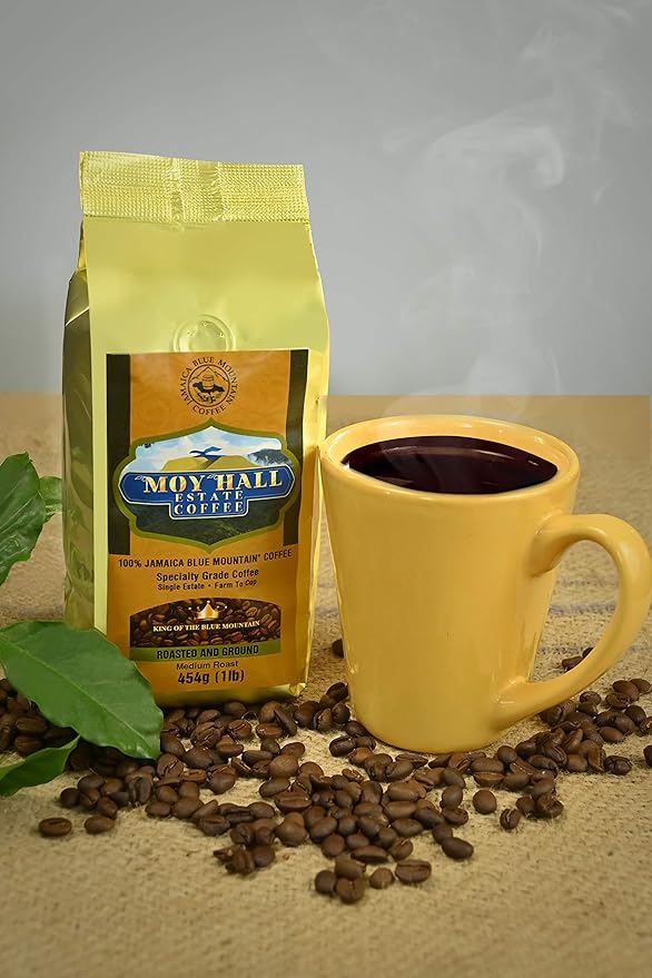 Moy Hall Estate - Authentic Jamaican Blue Mountain Coffee Family-Owned Small-Batch Roasted 100% Arabica Ground Coffee (16oz)