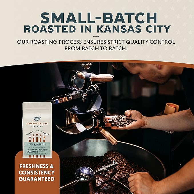 American Joe Coffee Tropic Lightning 51% US Grown Specialty Coffee Roasted in Kansas City Medium-Dark | Whole Bean 12oz Gourmet Artesian Grade American Grown American Made Hawaiian Coffee
