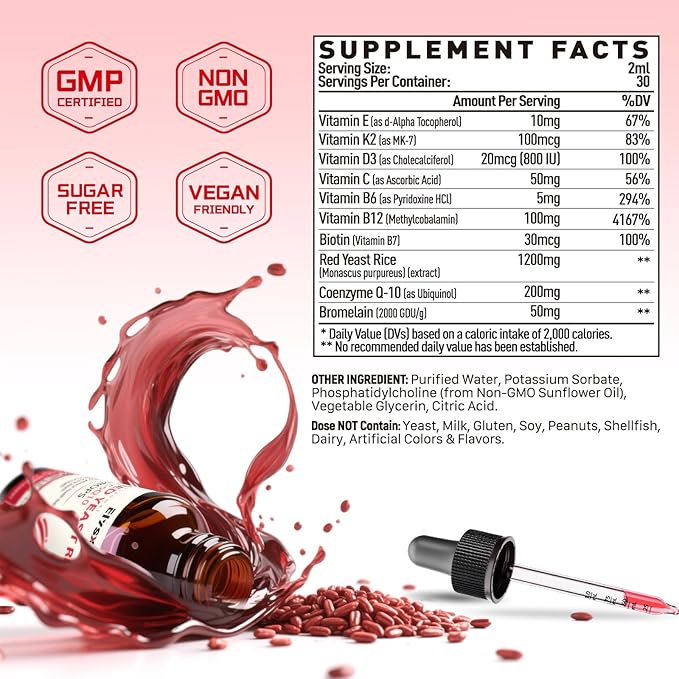 Liposomal Red Yeast Rice with Coq10 Liquid Drops Red Rice Yeast for Cholesterol Health Immune &amp Heart Support with Biotin Bromelain &amp Vitamins 2 FL OZ
