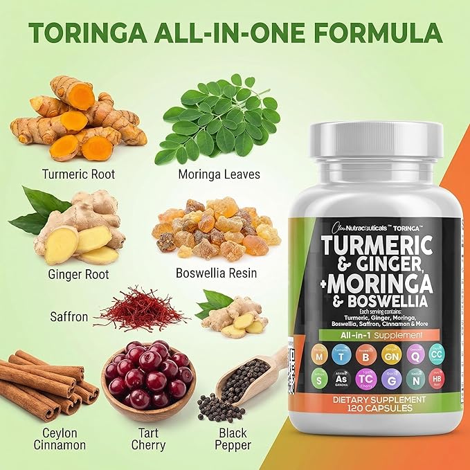 Clean Nutraceuticals Turmeric Moringa Supplement | Ginger Boswellia Saffron - Supplement for Women and Men with Ceylon Cinnamon Tart Cherry Quercetin Garlic Nettle Holy Basil - 1Pack