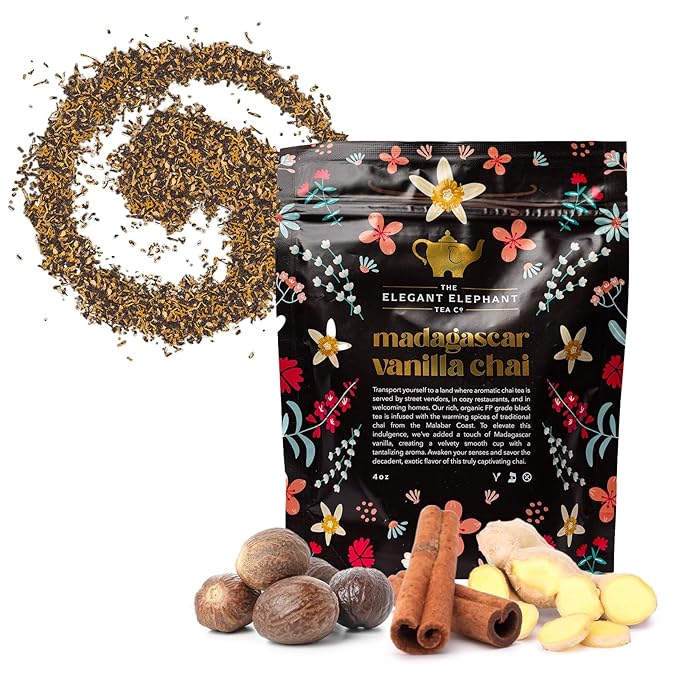 Madagascar Vanilla Chai Tea Organic Loose Leaf Chai Tea – Black Tea with Chai Spice Blend – Great Hot or Iced Chai Latte – 4 oz Resealable Bag (Makes 50 Cups) – The Elegant Elephant