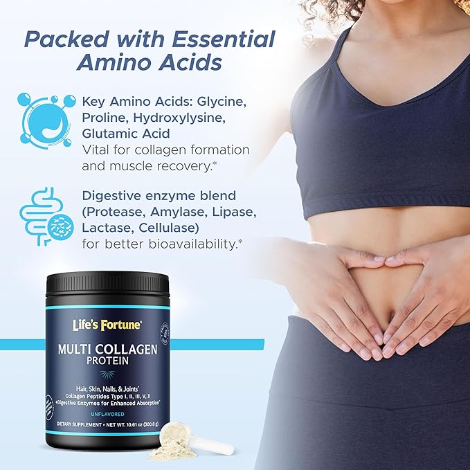 Life's Fortune Multi Collagen Peptides Powder Drink Plus for Women &amp Men - Type I II III V X Blend with Digestive Enzyme – for Skin Hair Nails Joints Health Unflavored 30 Serv (60 Servi