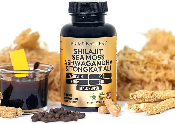 Shilajit 1000mg Irish Sea Moss 100mg Ashwagandha 100mg Tongkat Ali Boron Magnesium PQQ &amp More | 60 Capsules - 30 Days Supply| Fulvic Acid Veg Capsules| Vegan| Gluten Free | Non-GMO