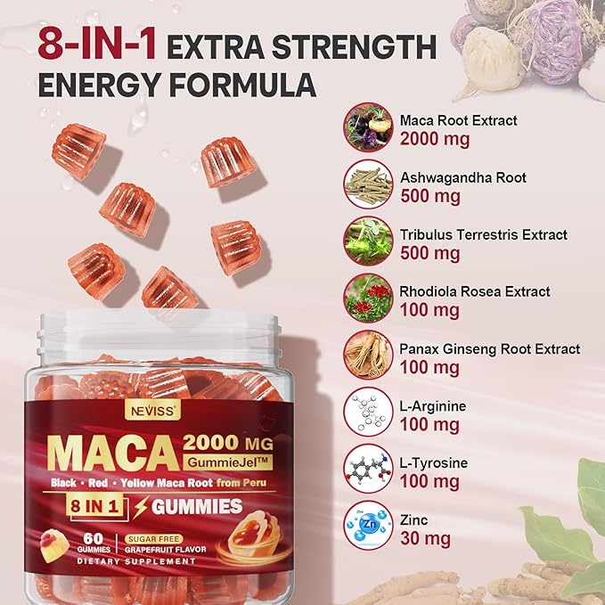 Maca Root Filled Gummies 2000mg for Women Men | Sugar Free | Organic Black Red Yellow Maca Root Supplement Gummy Chews with Ashwagandha Ginseng &amp Zinc | Vegan Non-GMO Grapefruit Flavor 60 Cou