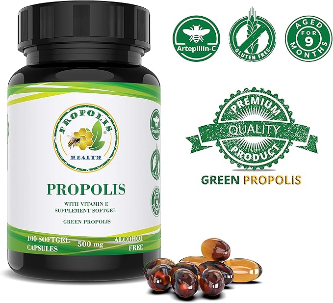 Propolis Health Propolis Capsules 1000mg-Daily with Vitamin E Per dose - Pure Brazilian Green Propolis Extract - Immune Booster 50 Days Supply -100 Capsules