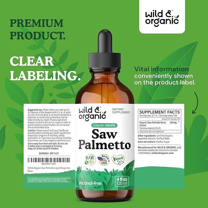 Wild &amp Organic Saw Palmetto for Men &amp Women - Urinary Tract &amp Hair Support - Saw Palmetto Extract Liquid Drops - Add to Tea - Serenoa Repens Berries Supplement - Vegan Sugar &amp Alcohol