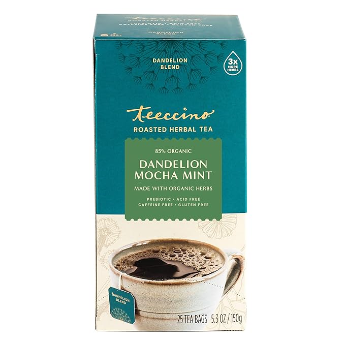 Teeccino Dandelion Mocha Mint Tea - 25 Tea Bags - Caffeine Free Roasted Herbal Tea with Prebiotics 3x More Herbs than Regular Tea Bags Gluten Free (Pack of 3)