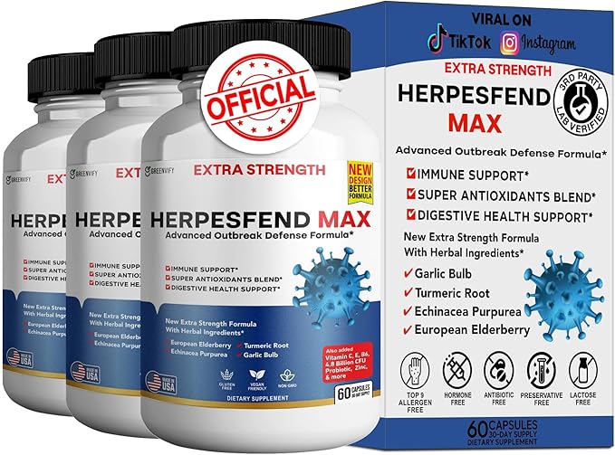 HerpesFend Max Extra Strength Advanced Defense Formula 60 Capsules with Elderberry Echinacea Turmeric Garlic Vitamins and Probiotics (3)