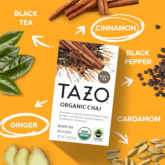 TAZO Organic Chai Black Tea BagsBlend of Black TeasGingerCinnamonBlack-Pepper &amp Cardamom192 Total Tea Bags (16ct)(Pack of 12)