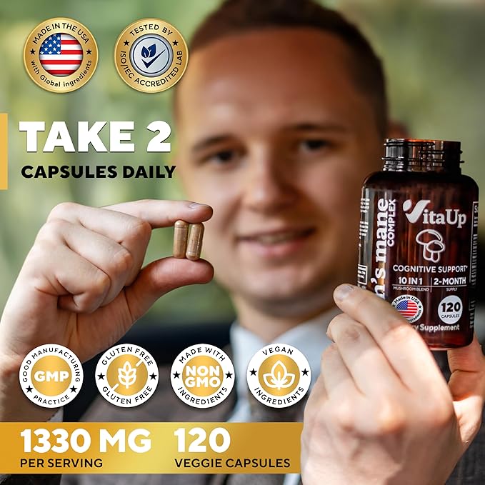 Lions Mane Supplement Capsules - USA Made 10 in 1 Mushroom Supplement - Mushroom Complex with Lions Mane Cordyceps Turkey Tail Reishi Shiitake for Cognitive &amp Immune Support - 120 Count