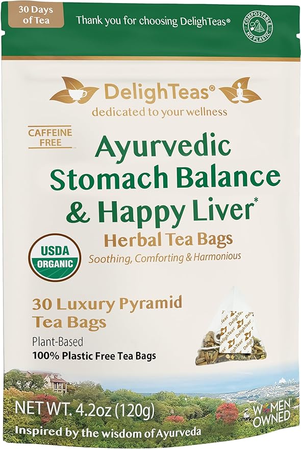 DelighTeas Ayurvedic Herbal Stomach &amp Liver Tea Bags | Eco-Friendly Compostable Pyramids | Organic Milk Thistle Fennel Ginger Peppermint &amp Licorice | Caffeine-Free Kosher | 30 Tea Bags 4g