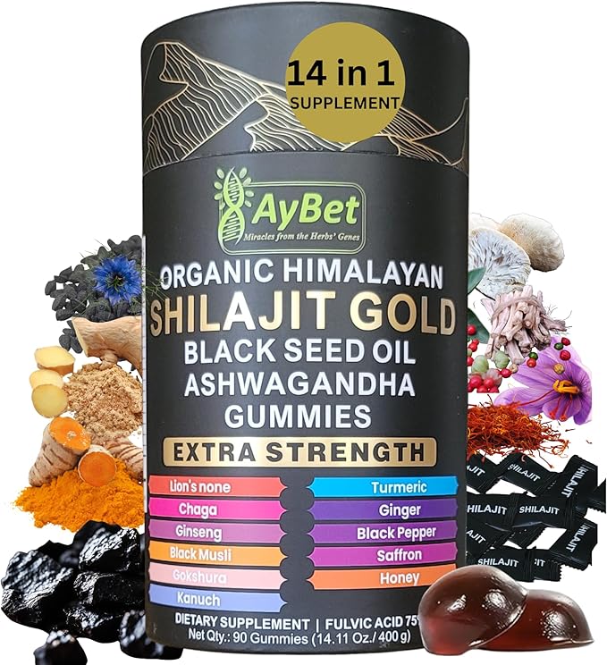 Organic Himalayan Shilajit Gold Gummies for Men and Women Black Seed Oil Ashwagandha Ginseng Turmeric Gokshura Lion's None Lab Tested%75 Fulvic Acid No Sugar Added Halal 90Gummy
