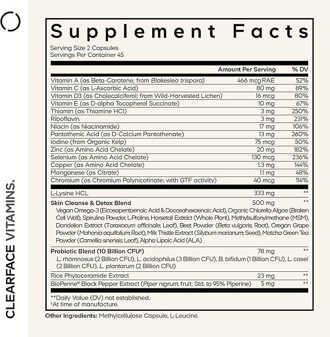 Codeage Clearface Pantothenic Acid Niacin Supplement Vitamins A C D3 E Probiotics Zinc Riboflavin Thiamin L-Lysine HCL &amp Omega-3 Niacinamide Skin Botanical Blend - Non-GMO - 90 Capsule